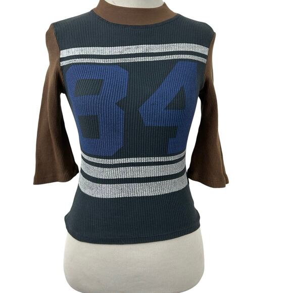 Free People Tops - Free People Daydreamer Graphic Thermal Top Waffle Knit Brown Blue 3/4 Sleeve XS